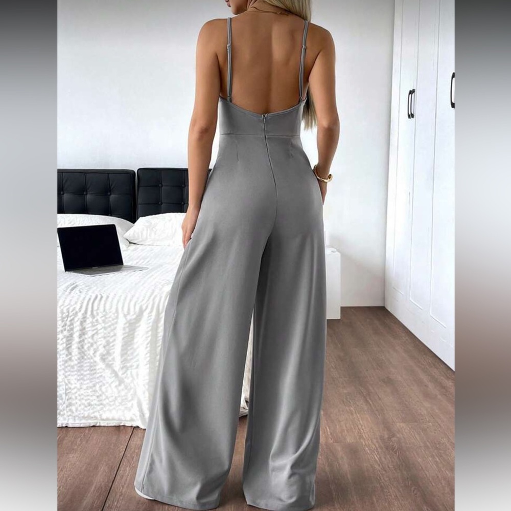 Gray Jumpsuit sporty style stitch casual one piece wide leg - Picture 2 of 4